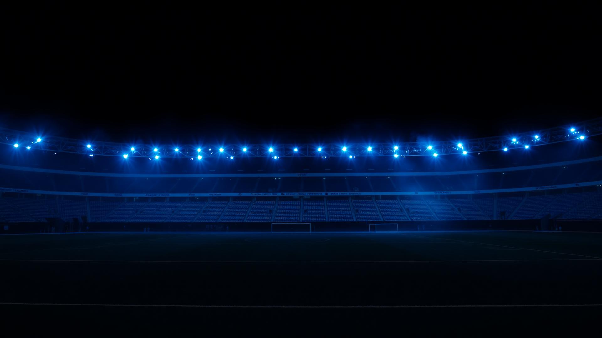Stadium at night with dramatic blue lighting